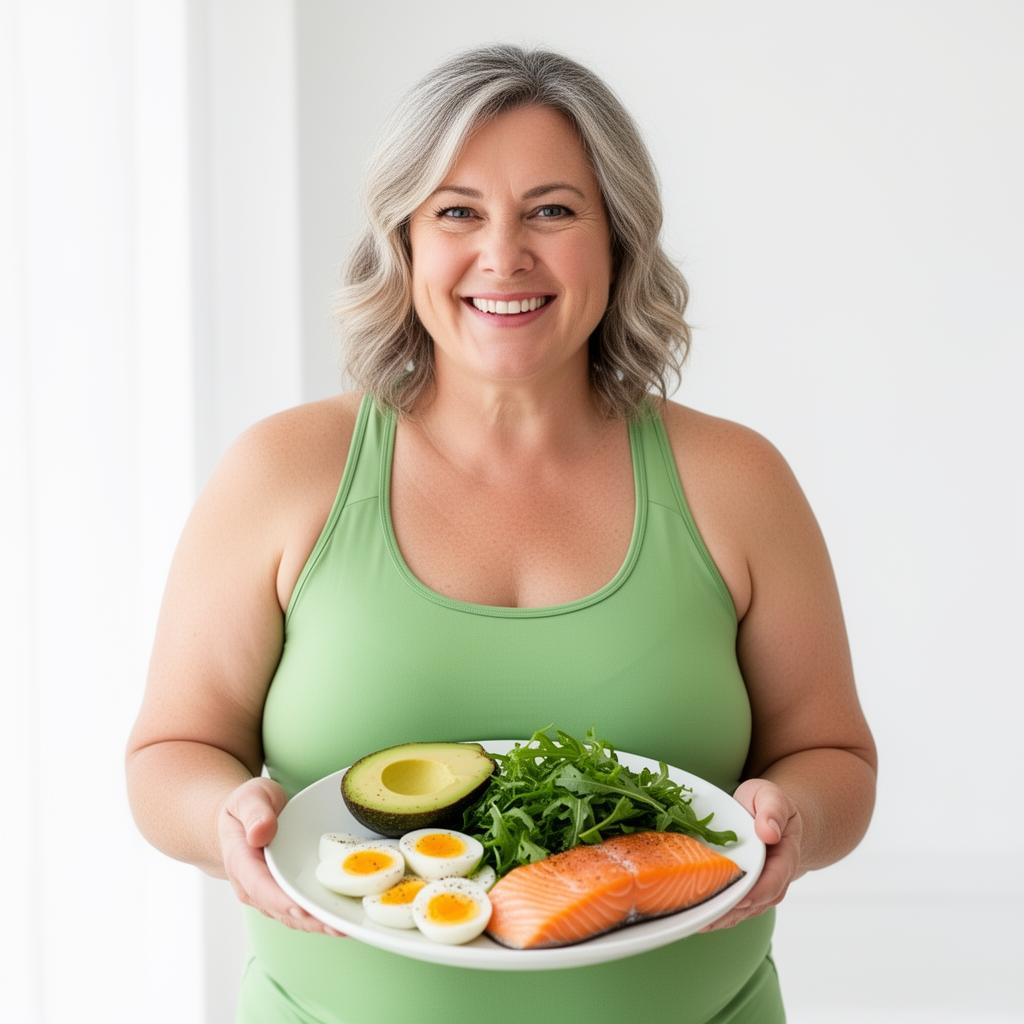 Mujer feliz con plato keto saludable